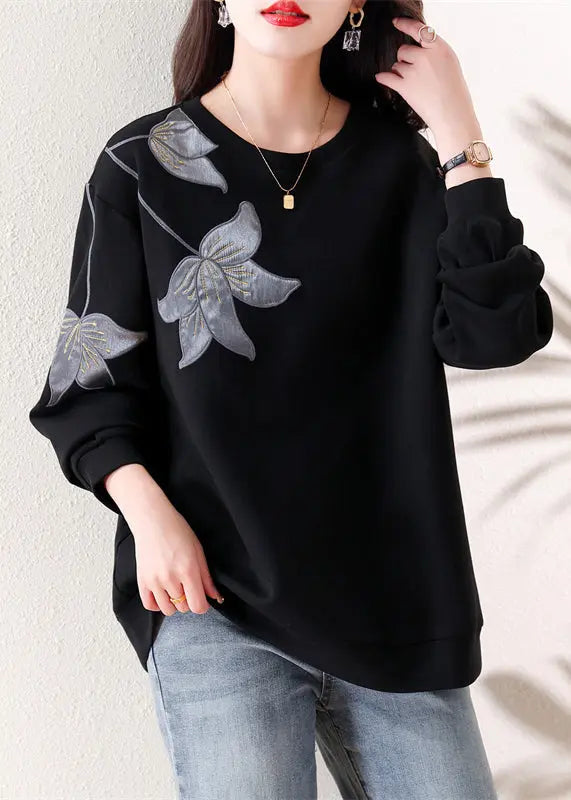 Loose Black O Neck Embroidered Patchwork Cotton Tops Fall Ada Fashion