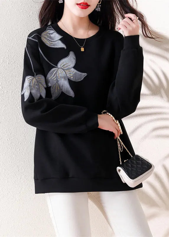 Loose Black O Neck Embroidered Patchwork Cotton Tops Fall Ada Fashion