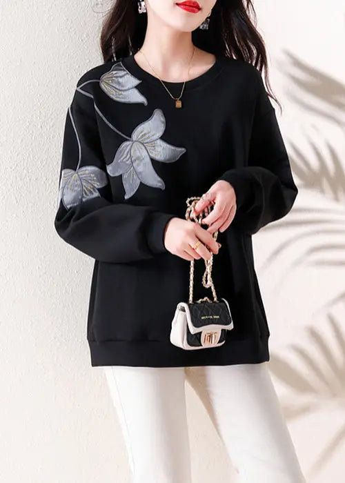 Loose Black O Neck Embroidered Patchwork Cotton Tops Fall Ada Fashion