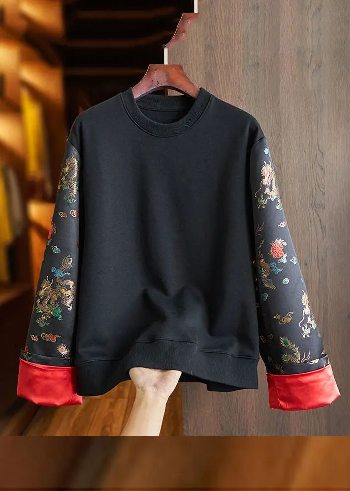 Loose Black O-Neck Embroideried Patchwork Cotton Sweatshirt Long Sleeve Ada Fashion