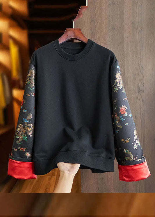 Loose Black O-Neck Embroideried Patchwork Cotton Sweatshirt Long Sleeve Ada Fashion