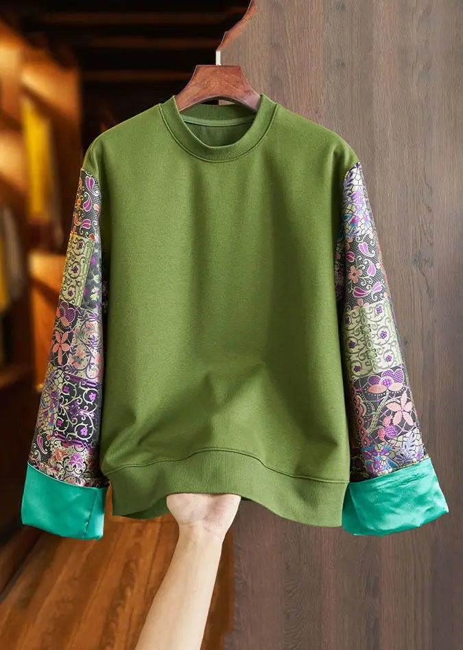 Loose Black O-Neck Embroideried Patchwork Cotton Sweatshirt Long Sleeve Ada Fashion