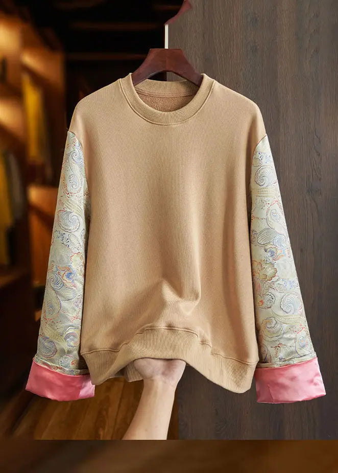 Loose Black O-Neck Embroideried Patchwork Cotton Sweatshirt Long Sleeve Ada Fashion