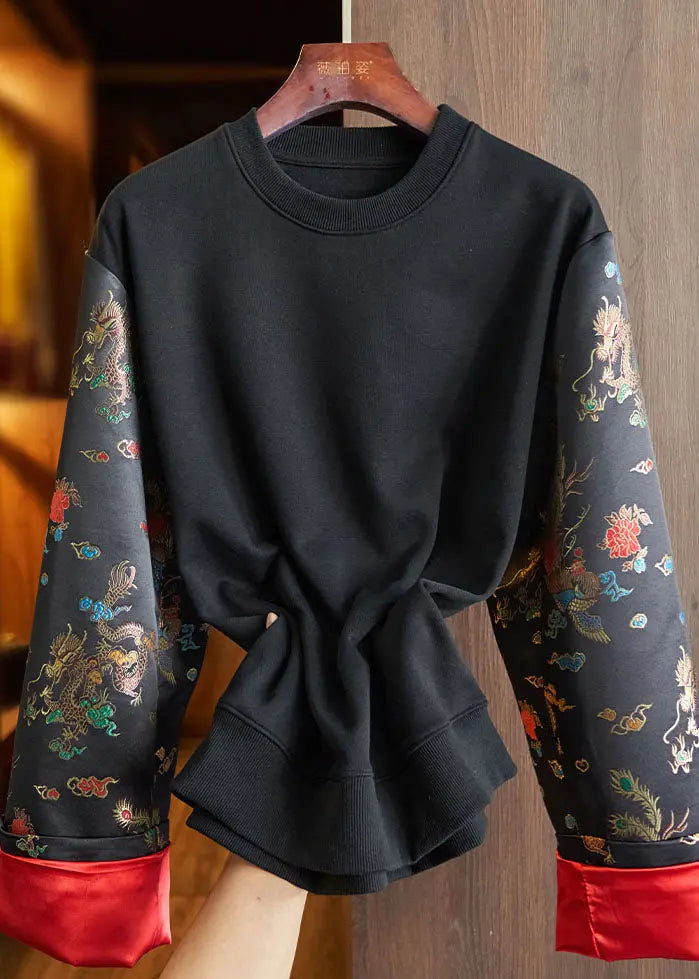 Loose Black O-Neck Embroideried Patchwork Cotton Sweatshirt Long Sleeve Ada Fashion