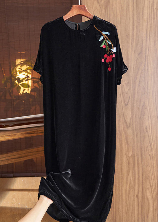 Loose Black O Neck Embroideried Silk Velour Dresses Fall Ada Fashion