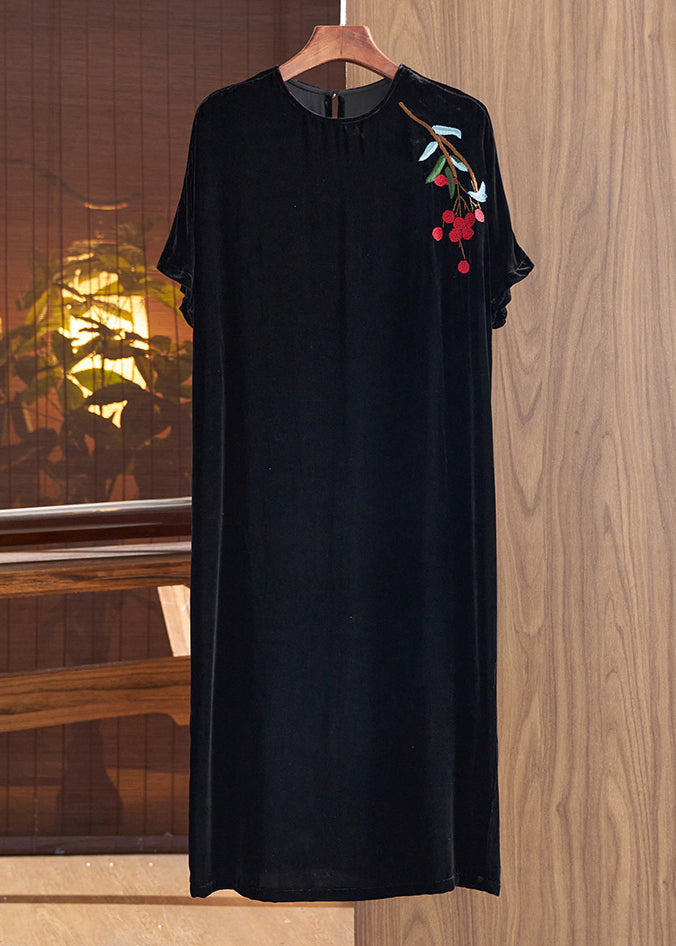 Loose Black O Neck Embroideried Silk Velour Dresses Fall Ada Fashion