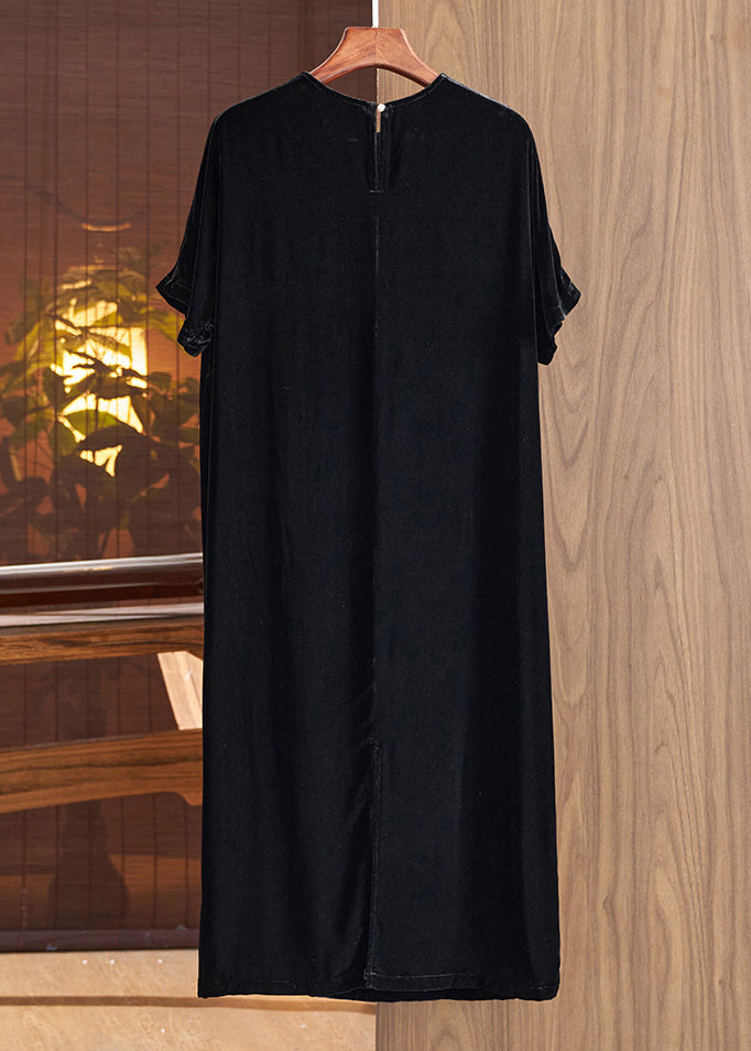 Loose Black O Neck Embroideried Silk Velour Dresses Fall Ada Fashion