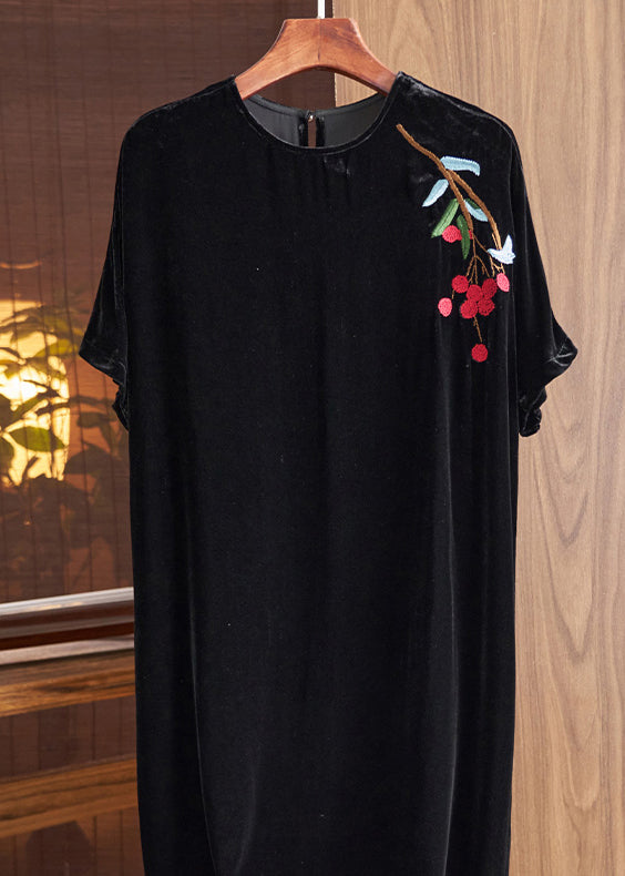 Loose Black O Neck Embroideried Silk Velour Dresses Fall Ada Fashion