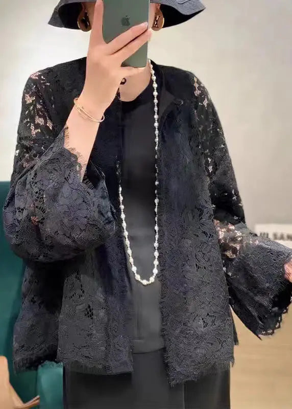 Loose Black O Neck Hollow Out Patchwork Lace Cardigans Flare Sleeve Ada Fashion