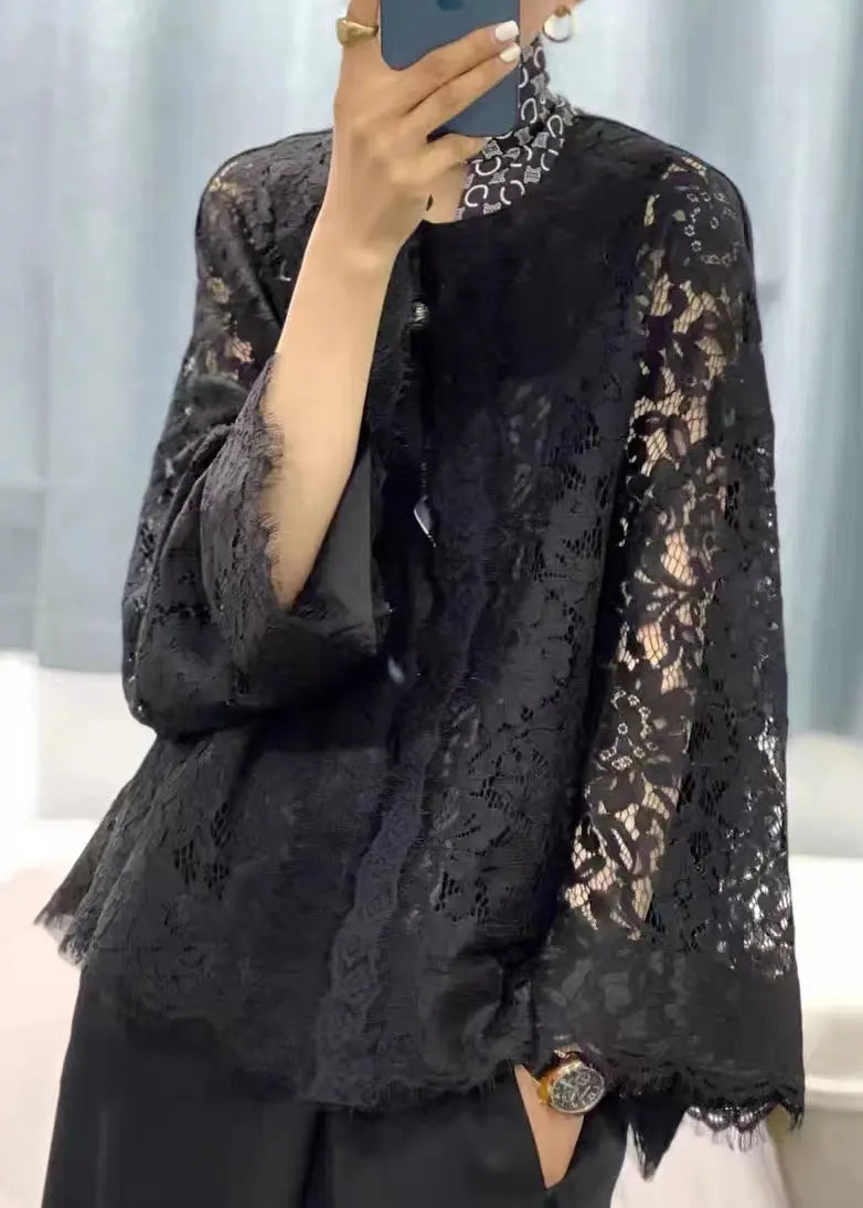 Loose Black O Neck Hollow Out Patchwork Lace Cardigans Flare Sleeve Ada Fashion