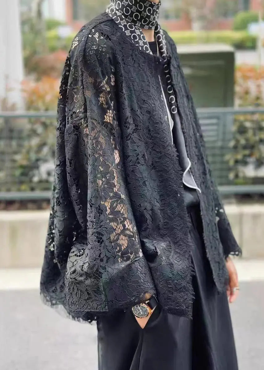 Loose Black O Neck Hollow Out Patchwork Lace Cardigans Flare Sleeve Ada Fashion