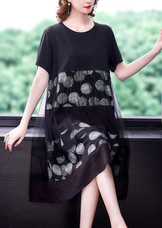 Loose Black O-Neck Patchwork Tulle Cotton Fake Two Piece Dress Summer LC0076 - fabuloryshop