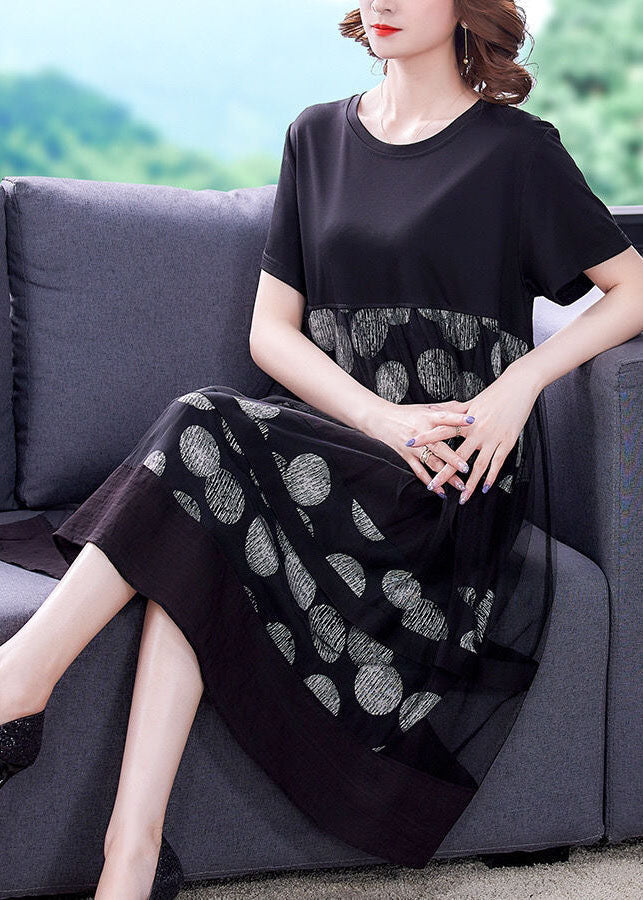 Loose Black O-Neck Patchwork Tulle Cotton Fake Two Piece Dress Summer LC0076 - fabuloryshop