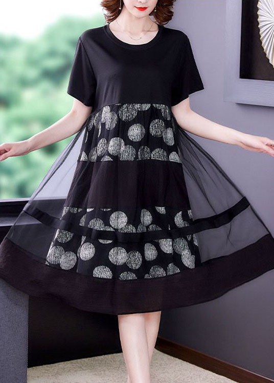 Loose Black O-Neck Patchwork Tulle Cotton Fake Two Piece Dress Summer LC0076 - fabuloryshop