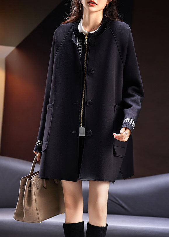 Loose Black O-Neck Pockets Button Coats Long Sleeve Ada Fashion