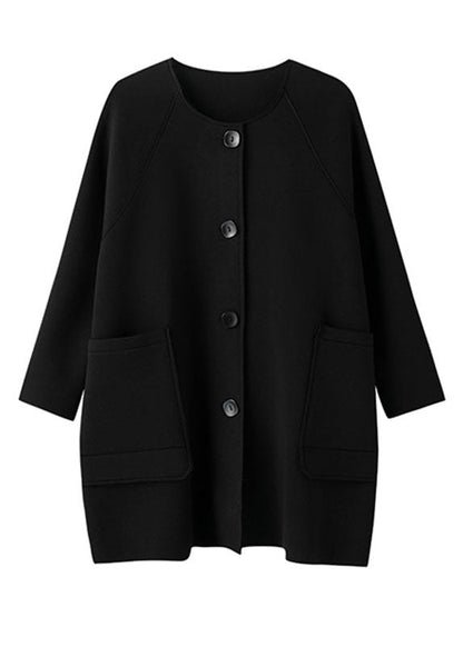 Loose Black O-Neck Pockets Button Coats Long Sleeve Ada Fashion