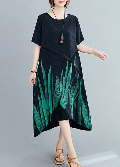 Loose Black O-Neck Print Linen Maxi Dress Short Sleeve LY4473 - fabuloryshop