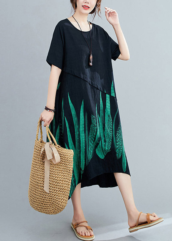 Loose Black O-Neck Print Linen Maxi Dress Short Sleeve LY4473 - fabuloryshop