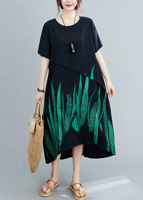 Loose Black O-Neck Print Linen Maxi Dress Short Sleeve LY4473 - fabuloryshop