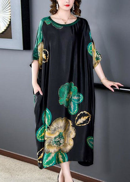 Loose Black O Neck Print Patchwork Silk Dresses Batwing Sleeve LY4541 - fabuloryshop