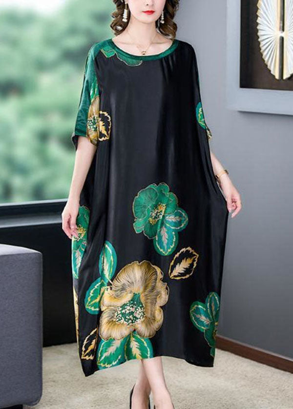 Loose Black O Neck Print Patchwork Silk Dresses Batwing Sleeve LY4541 - fabuloryshop