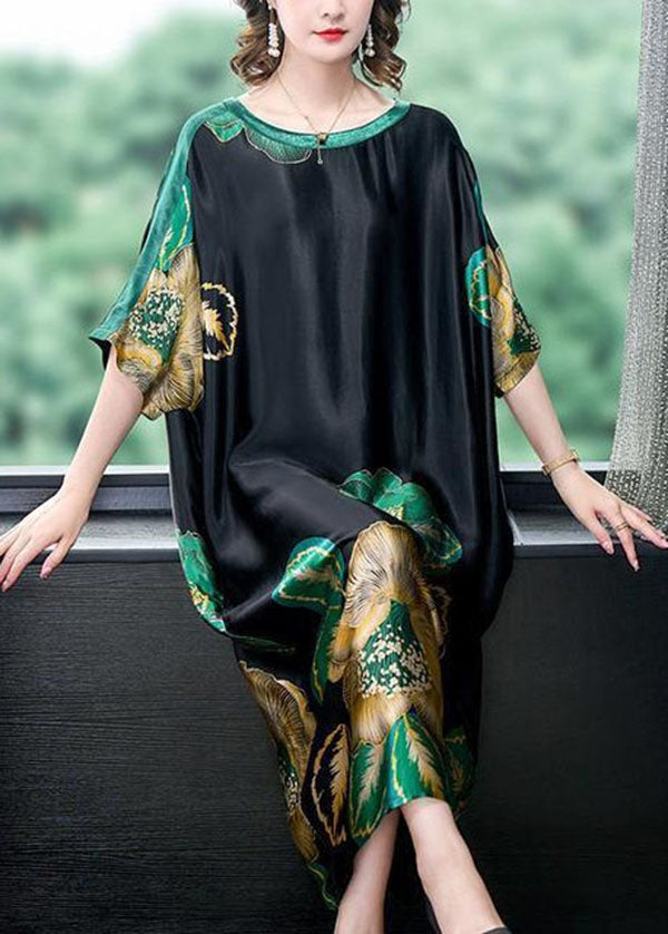 Loose Black O Neck Print Patchwork Silk Dresses Batwing Sleeve LY4541 - fabuloryshop