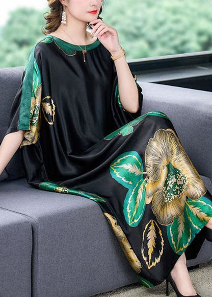 Loose Black O Neck Print Patchwork Silk Dresses Batwing Sleeve LY4541 - fabuloryshop