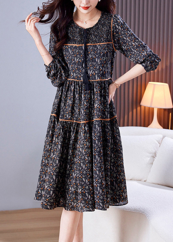 Loose Black O-Neck Print Patchwork Wrinkled Chiffon Long Dresses Spring LY6155 - fabuloryshop
