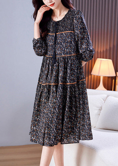 Loose Black O-Neck Print Patchwork Wrinkled Chiffon Long Dresses Spring LY6155 - fabuloryshop