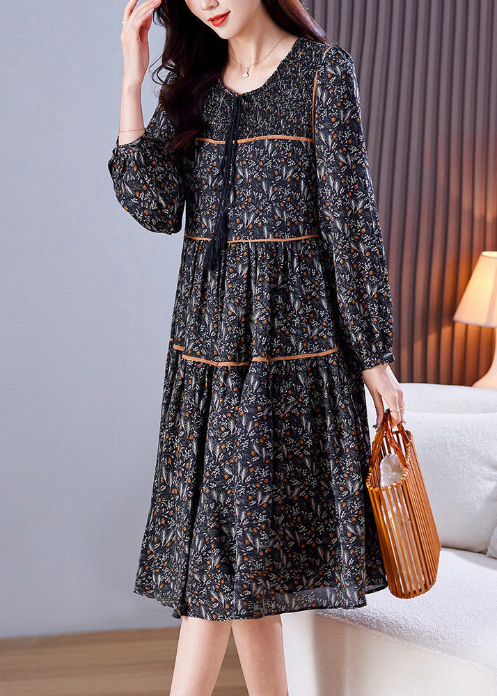 Loose Black O-Neck Print Patchwork Wrinkled Chiffon Long Dresses Spring LY6155 - fabuloryshop