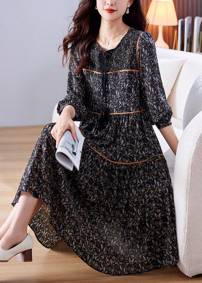 Loose Black O-Neck Print Patchwork Wrinkled Chiffon Long Dresses Spring LY6155 - fabuloryshop