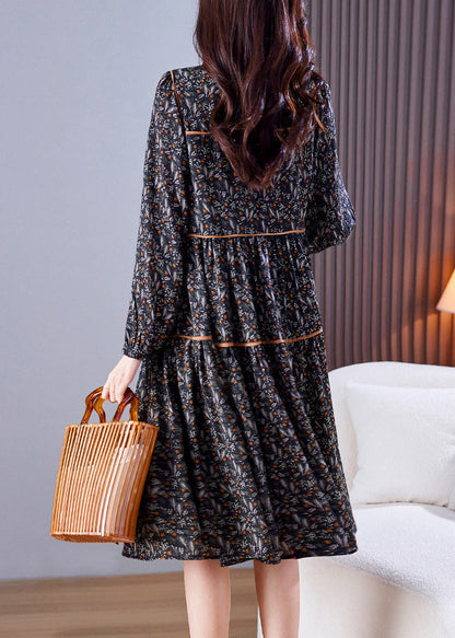 Loose Black O-Neck Print Patchwork Wrinkled Chiffon Long Dresses Spring LY6155 - fabuloryshop