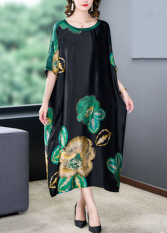 Loose Black O Neck Print Pockets Patchwork Silk Dresses Summer Ada Fashion