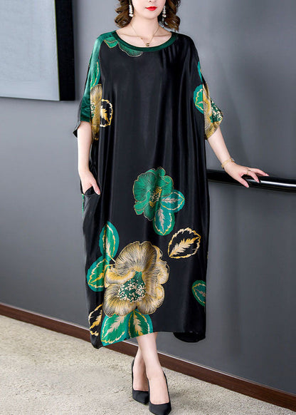 Loose Black O Neck Print Pockets Patchwork Silk Dresses Summer Ada Fashion