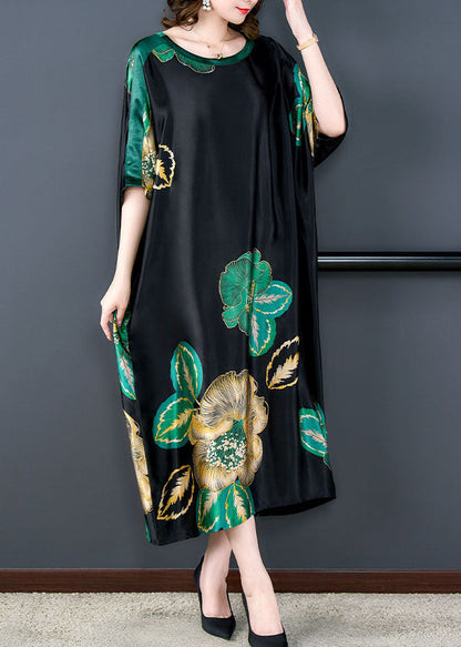 Loose Black O Neck Print Pockets Patchwork Silk Dresses Summer Ada Fashion