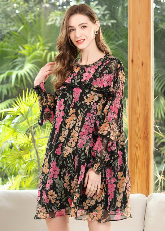 Loose Black O-Neck Ruffled Print Chiffon Maxi Dress Spring LY0302 - fabuloryshop