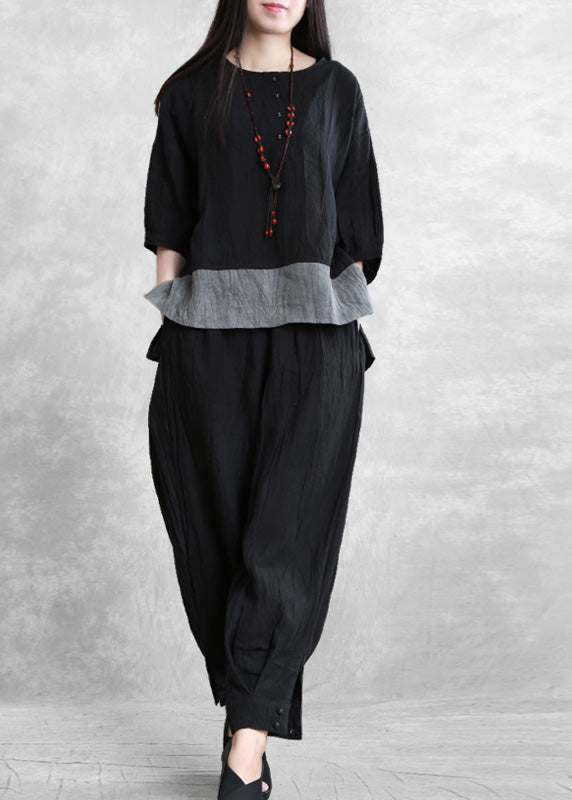 Loose Black O-Neck Side Open Linen Top And Wide Leg Pants Two Pieces Set Long Sleeve LY5139 - fabuloryshop