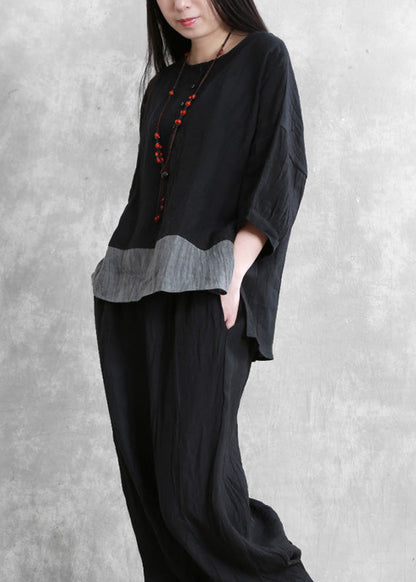 Loose Black O-Neck Side Open Linen Top And Wide Leg Pants Two Pieces Set Long Sleeve LY5139 - fabuloryshop