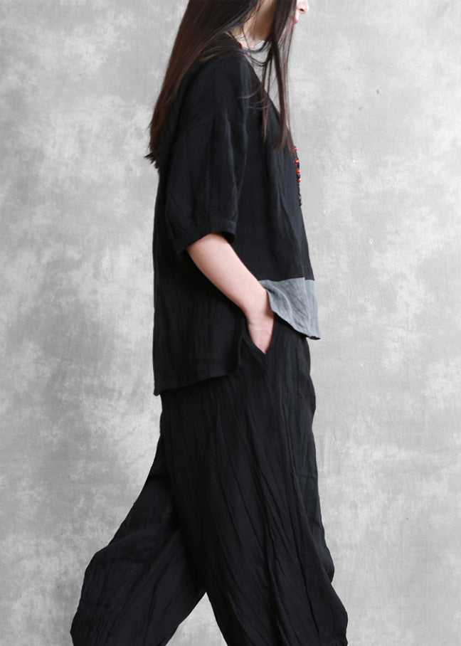 Loose Black O-Neck Side Open Linen Top And Wide Leg Pants Two Pieces Set Long Sleeve LY5139 - fabuloryshop