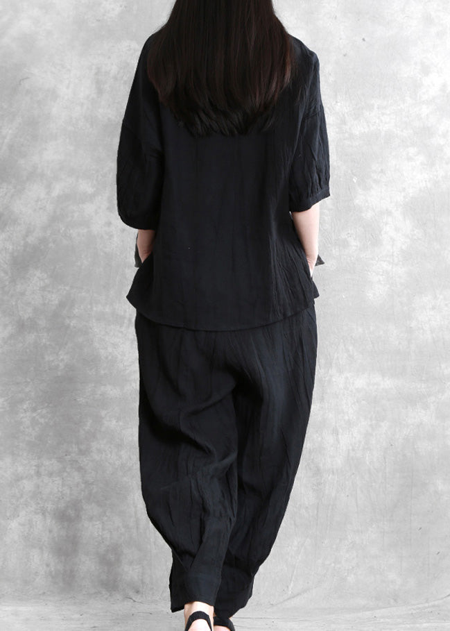 Loose Black O-Neck Side Open Linen Top And Wide Leg Pants Two Pieces Set Long Sleeve LY5139 - fabuloryshop