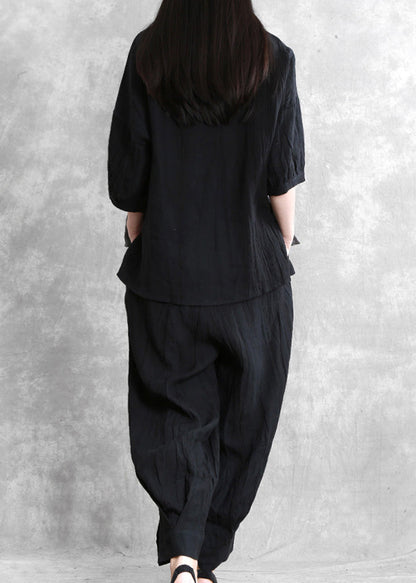 Loose Black O-Neck Side Open Linen Top And Wide Leg Pants Two Pieces Set Long Sleeve LY5139 - fabuloryshop