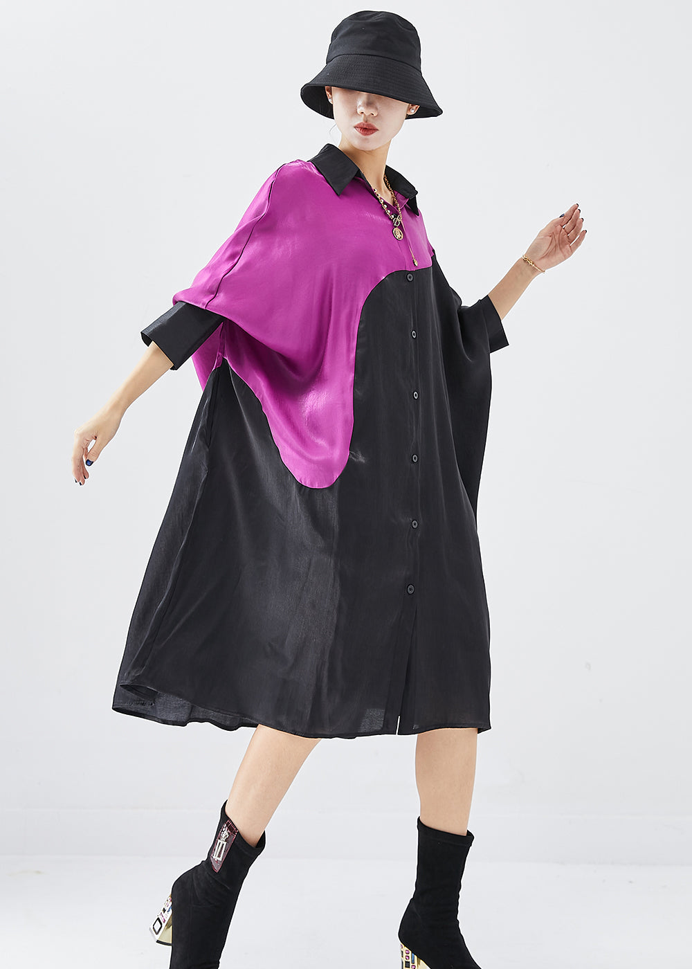 Loose Black Oversized Patchwork Silk Ankle Dress Batwing Sleeve Ada Fashion