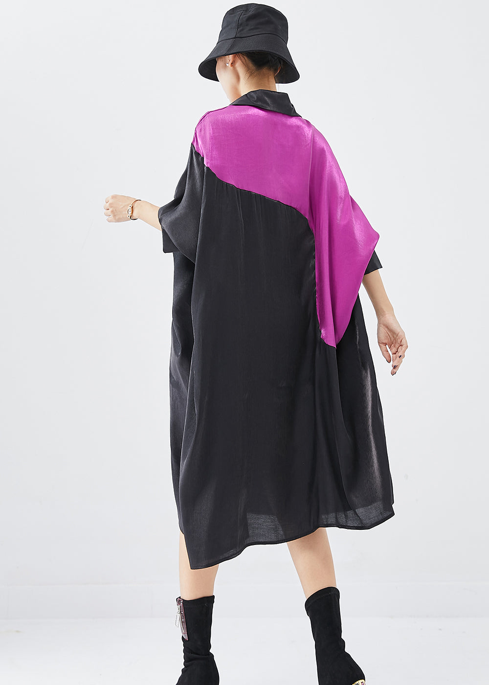 Loose Black Oversized Patchwork Silk Ankle Dress Batwing Sleeve Ada Fashion