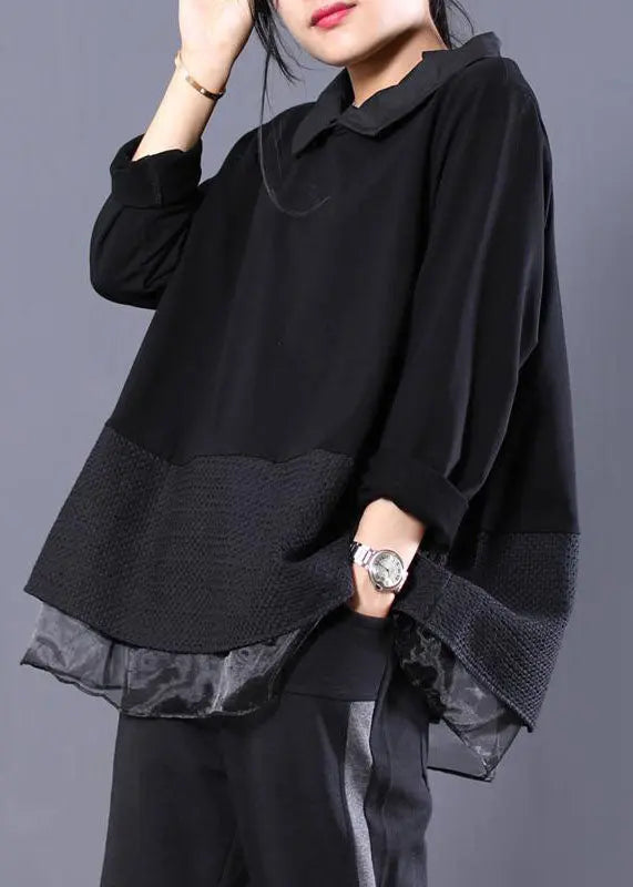 Loose Black Peter Pan Collar Fake Two Pieces Sweatshirt Long Sleeve Ada Fashion