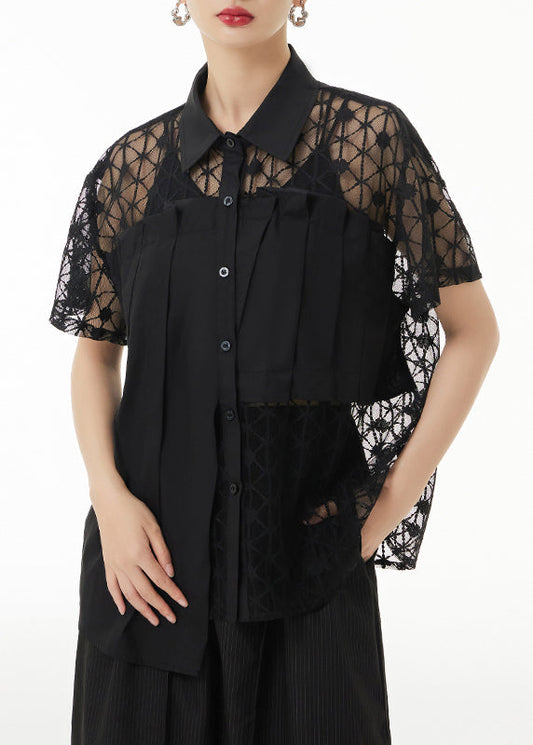 Loose Black Peter Pan Collar Hollow Out Lace Patchwork Shirts Summer Ada Fashion