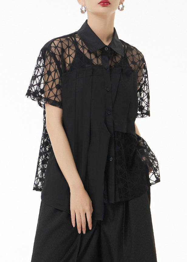 Loose Black Peter Pan Collar Hollow Out Lace Patchwork Shirts Summer Ada Fashion