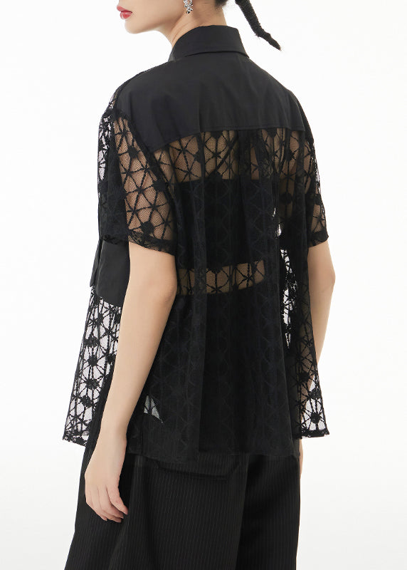 Loose Black Peter Pan Collar Hollow Out Lace Patchwork Shirts Summer Ada Fashion