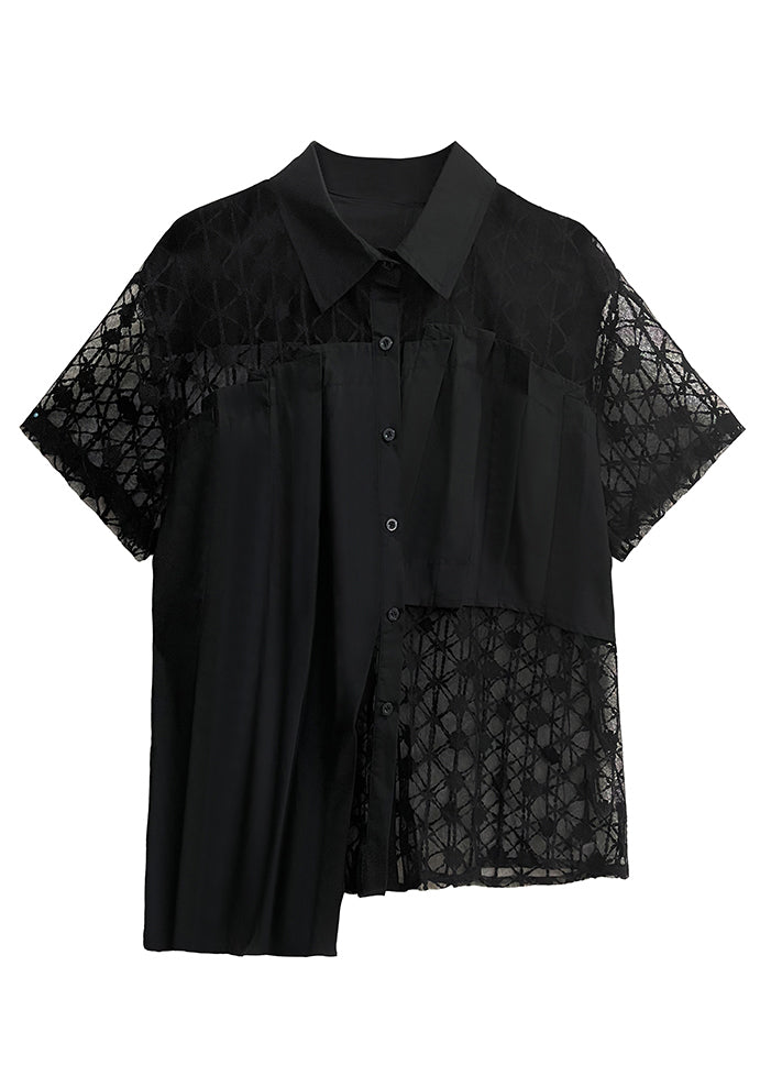 Loose Black Peter Pan Collar Hollow Out Lace Patchwork Shirts Summer Ada Fashion