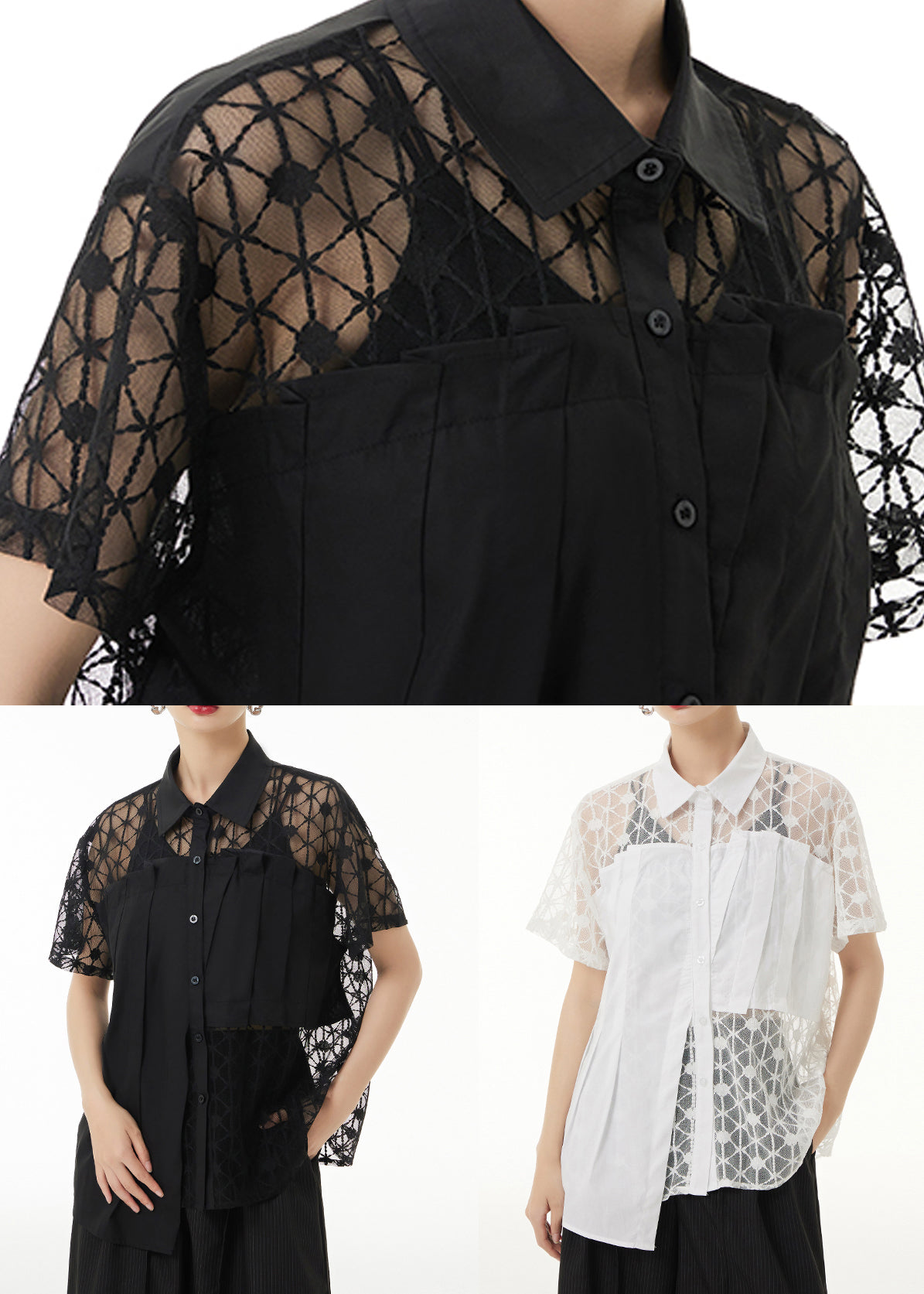 Loose Black Peter Pan Collar Hollow Out Lace Patchwork Shirts Summer Ada Fashion