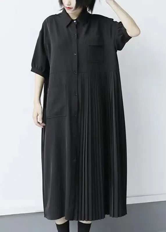 Loose Black Peter Pan Collar Patchwork Button Long Pleated Dresses Short Sleeve Ada Fashion